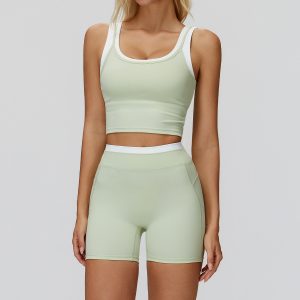 Mint Green Yoga Outfit: Contrast Trim Tank & High Stretch Yoga Shorts, Buttery Soft