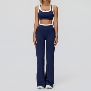 Navy Blue Flare Yoga Outfit: High Waist Bell Bottoms & Sleeveless Tank, Tall Friendly