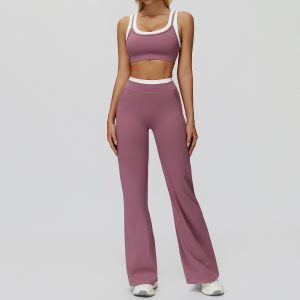 Wine Red Flare Yoga Outfit: High Waist Bell Bottoms & Sleeveless Tank, Tall Friendly