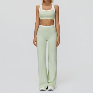 Sage Green Flare Set: High Waist Bell Bottoms & Built-in Bra Tank, Yoga Practice