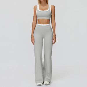 Light Grey Flare Yoga Two Piece: Racerback Tank & Wide Leg Yoga Pants, Gym Ready