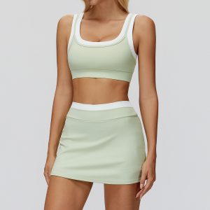 Pastel Green Skort Set: High Waist Tennis Skirt & Built-in Bra Tank, Non-See-Through